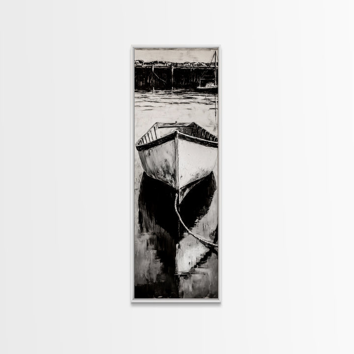 Monochrome Boat Reflection Framed Canvas Print nautical painting moody art coastal wall art nautical wall art gift idea for him