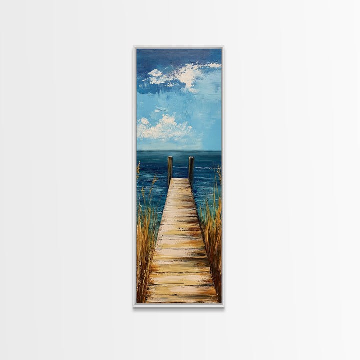 Coastal Dock Painting Framed Canvas Print, Nautical Decor, Coastal Landscape Art, Seascape Painting, Blue and Green Wall Art, Bedroom Art