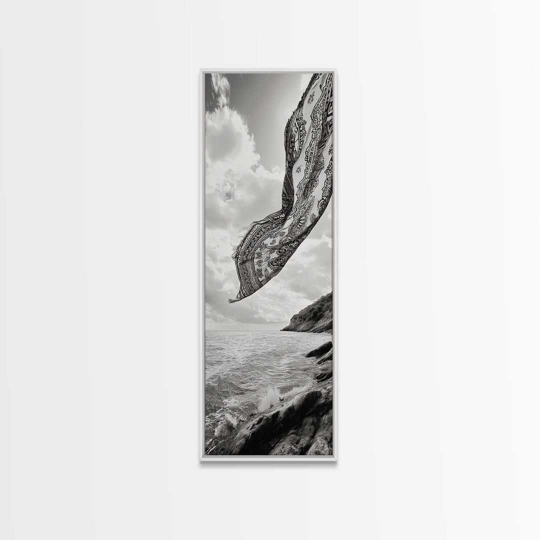 Flowing Fabric Over Ocean, Framed Canvas Print, wabi sabi art, coastal decor, boho art, minimalist art, above couch art, panoramic painting