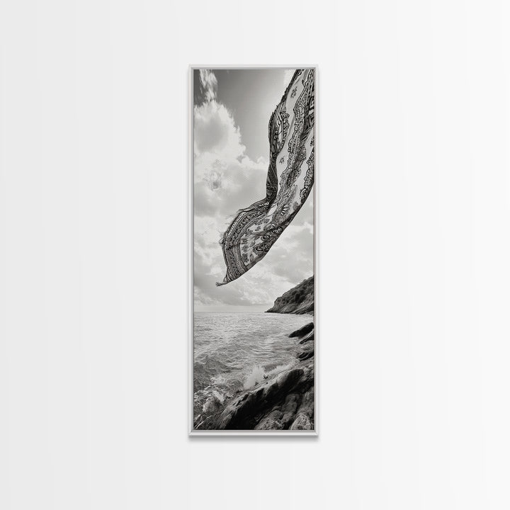 Flowing Fabric Over Ocean, Framed Canvas Print, wabi sabi art, coastal decor, boho art, minimalist art, above couch art, panoramic painting