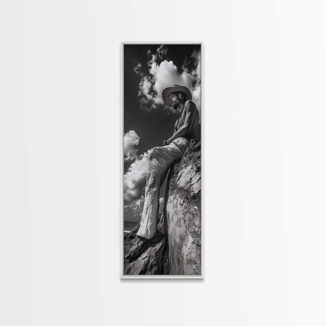 Bohemian Man, Clifftop Reflection, Framed Canvas Print, Coastal Cowgirl Wall Art, Rustic Décor, Boho Art, Minimalist Art