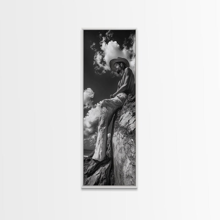Bohemian Man, Clifftop Reflection, Framed Canvas Print, Coastal Cowgirl Wall Art, Rustic Décor, Boho Art, Minimalist Art