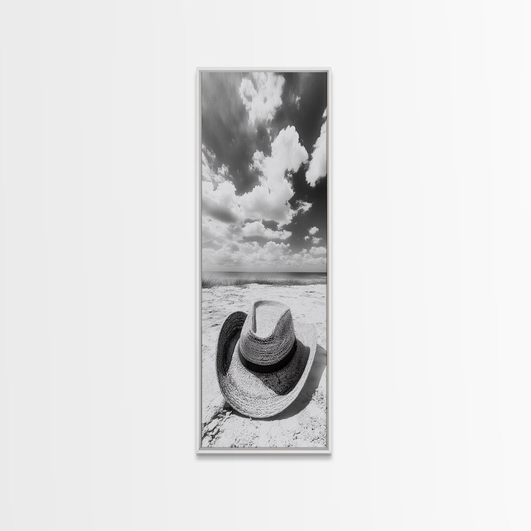 Straw Cowboy Hat, Beach Photography, Framed Canvas Print, Coastal Cowgirl, Wall Art, Rustic Décor, Minimalist Wall Art