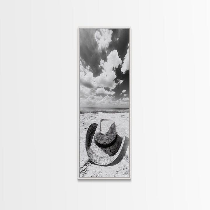 Straw Cowboy Hat, Beach Photography, Framed Canvas Print, Coastal Cowgirl, Wall Art, Rustic Décor, Minimalist Wall Art