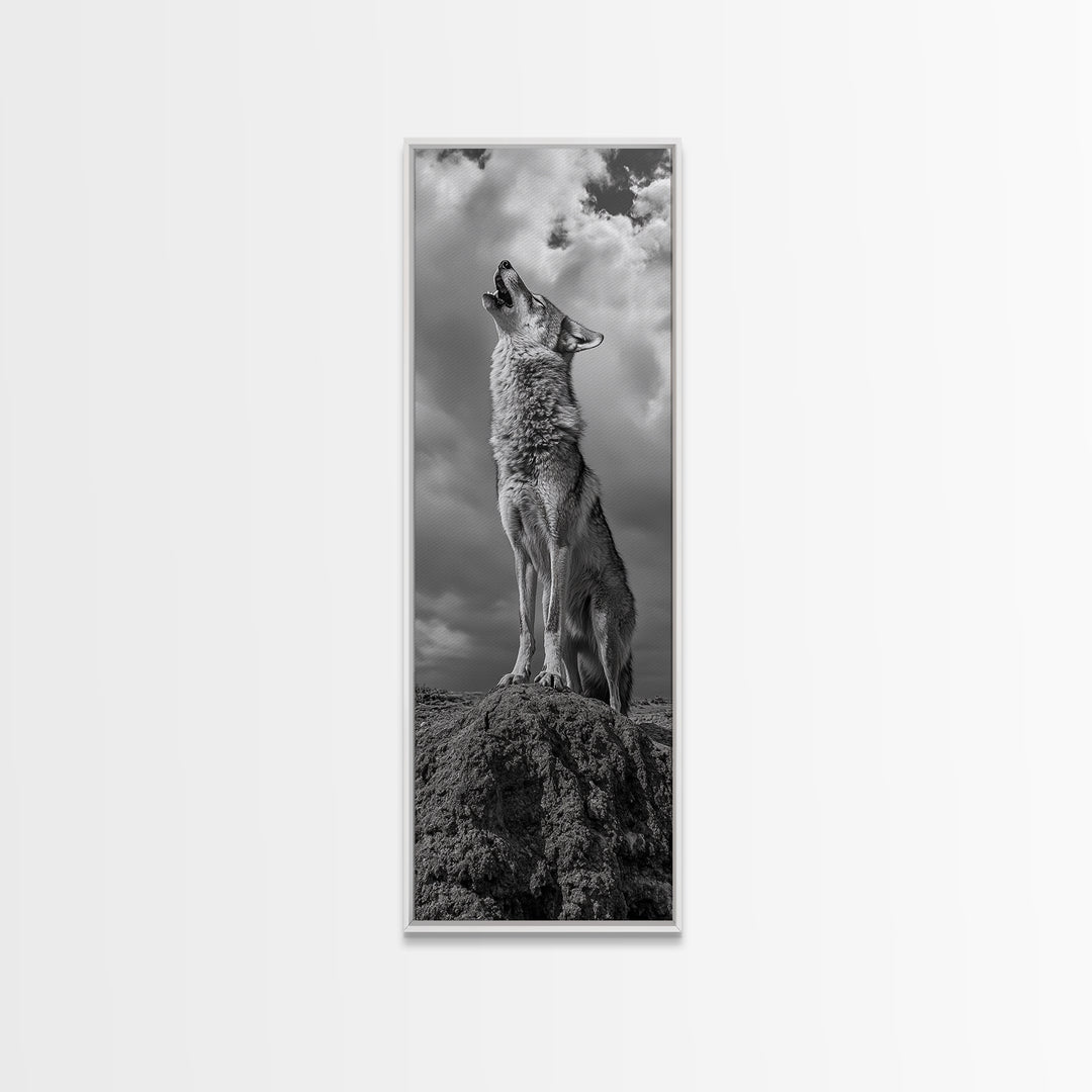 Howling Coyote, Framed Canvas Print, southwest wall art, rustic wall art, wildlife photography, desert landscape art, cowboy art, boho home decor