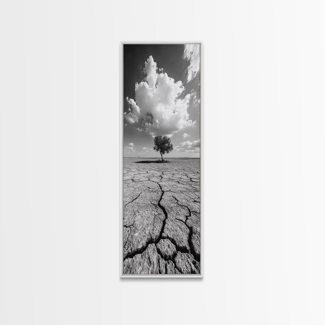 Lone Tree, Cracked Earth, Framed Canvas Print, wabi sabi art, moody art, landscape painting, above bed wall art,minimalist art, extra wide art