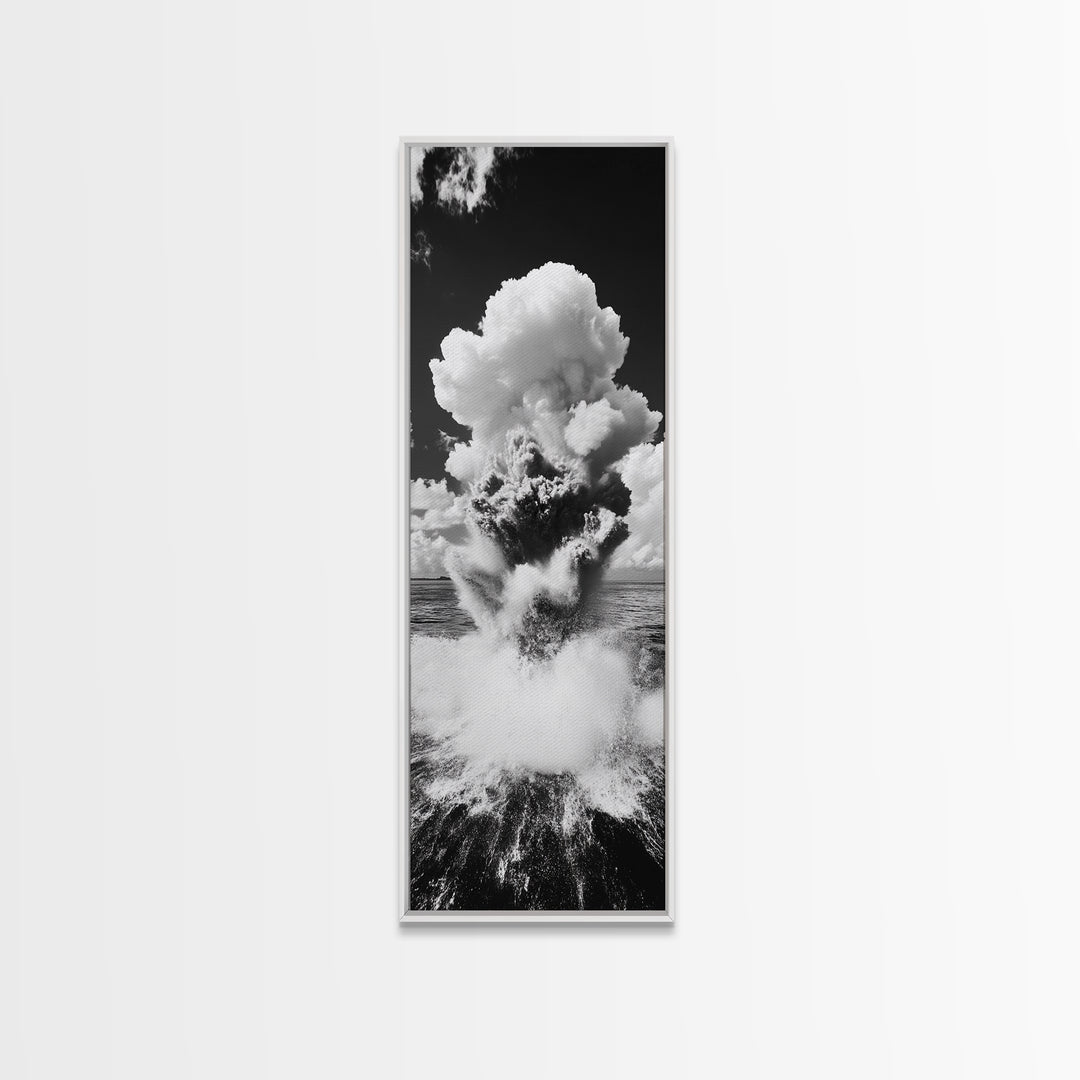 Explosive Ocean Wave, Framed Canvas Print, coastal décor, nautical painting, seascape painting, black and white photography,  panoramic art