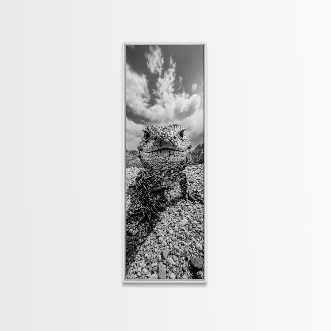 Lizard Close-Up, Framed Canvas Print, wildlife photography, rustic wall art, southwest wall art, desert animal art, black and white home decor