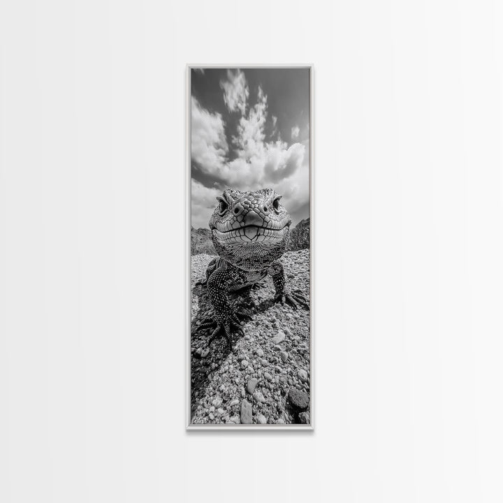 Lizard Close-Up, Framed Canvas Print, wildlife photography, rustic wall art, southwest wall art, desert animal art, black and white home decor