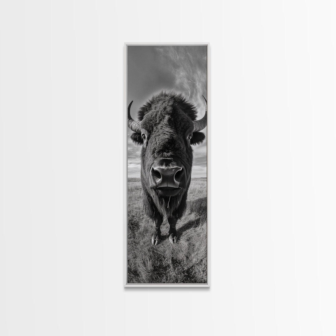 Majestic Bison Close-Up, Framed Canvas Print, rustic wall art, cowboy home décor, wildlife photography, farmhouse art, black and white photography