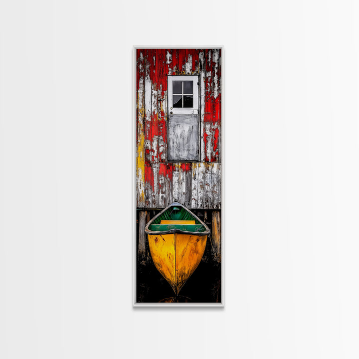 Rustic Barn Boat Reflection Painting Framed Canvas Print | Nautical Wall Art | Rustic Decor | Coastal Painting | Maine Oil Painting