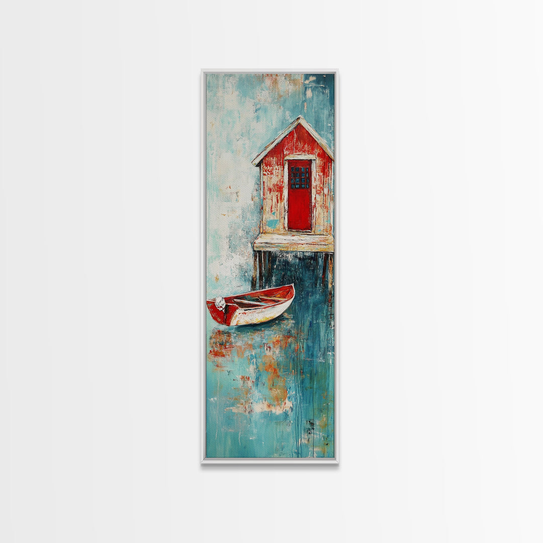 Red Boathouse Coastal Scene Framed Canvas Print | Nautical Decor | Seascape Painting | Rustic Wall Art | Coastal Painting