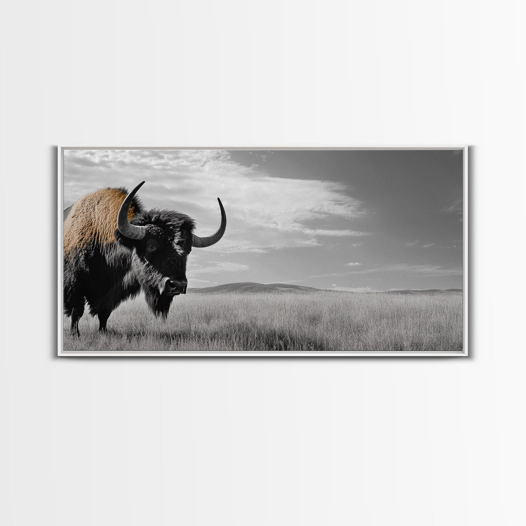 Buffalo Wall Art Canvas Print | Rustic Farmhouse Decor | Western Landscape Art | Moody Wall Art | Extra Wide Art | Nature Lover Gift