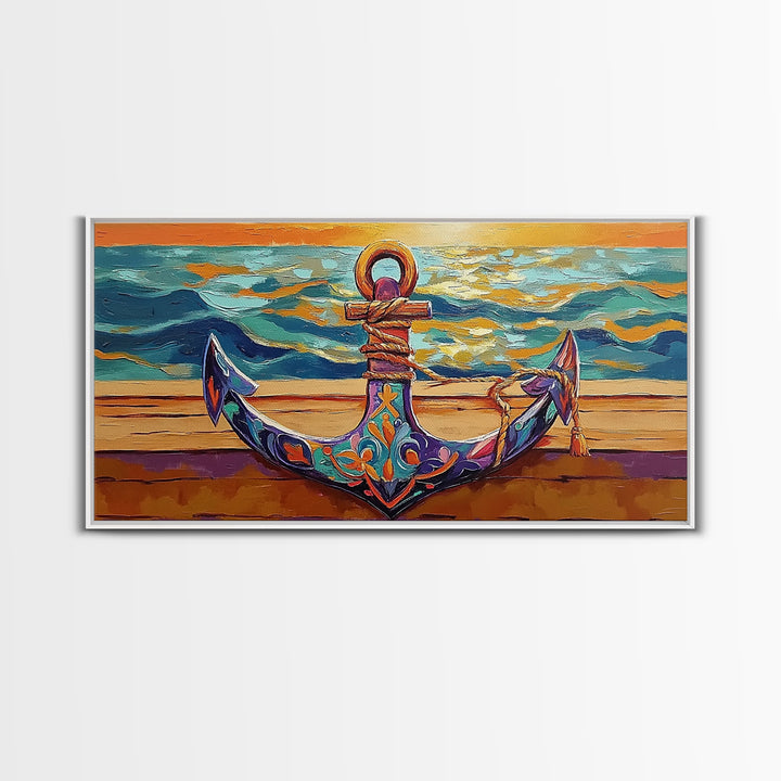 Anchor at Sunset, nautical painting, coastal decor, ocean art, framed canvas print, above sofa art, beach house decor, seascape
