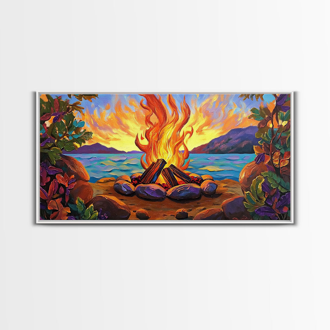 Campfire by Lake, bonfire painting, rustic wall art, mountain painting, framed canvas print, above sofa art, cozy night decor