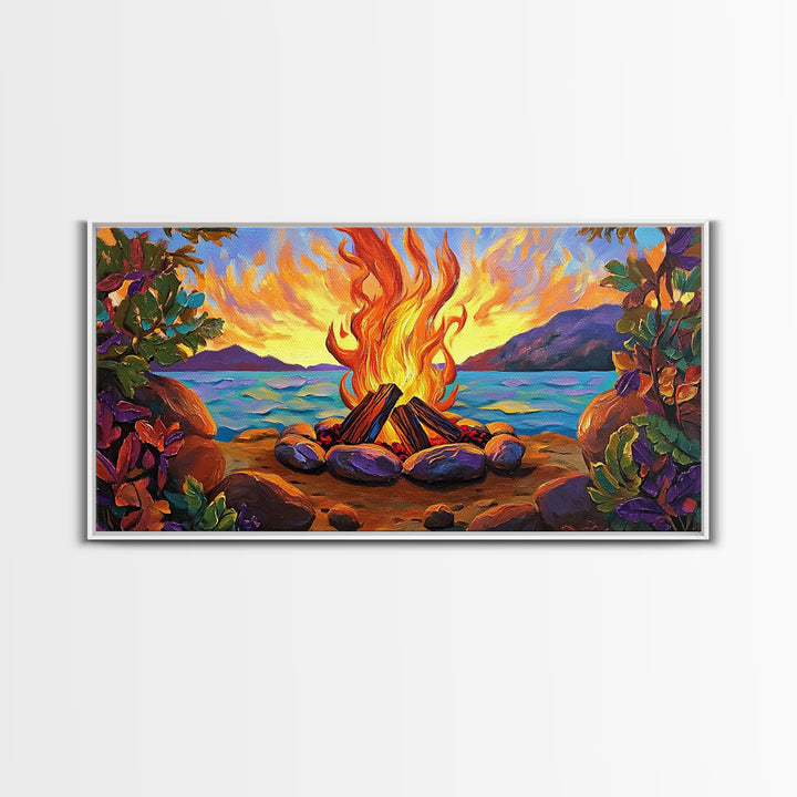 Campfire by Lake, bonfire painting, rustic wall art, mountain painting, framed canvas print, above sofa art, cozy night decor