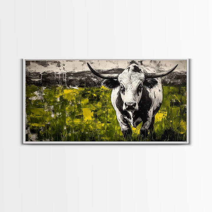 Bull Painting, rustic wall art, bull and bear art, farmhouse decor, green wall art, bold statement art, dramatic painting, Canvas Print
