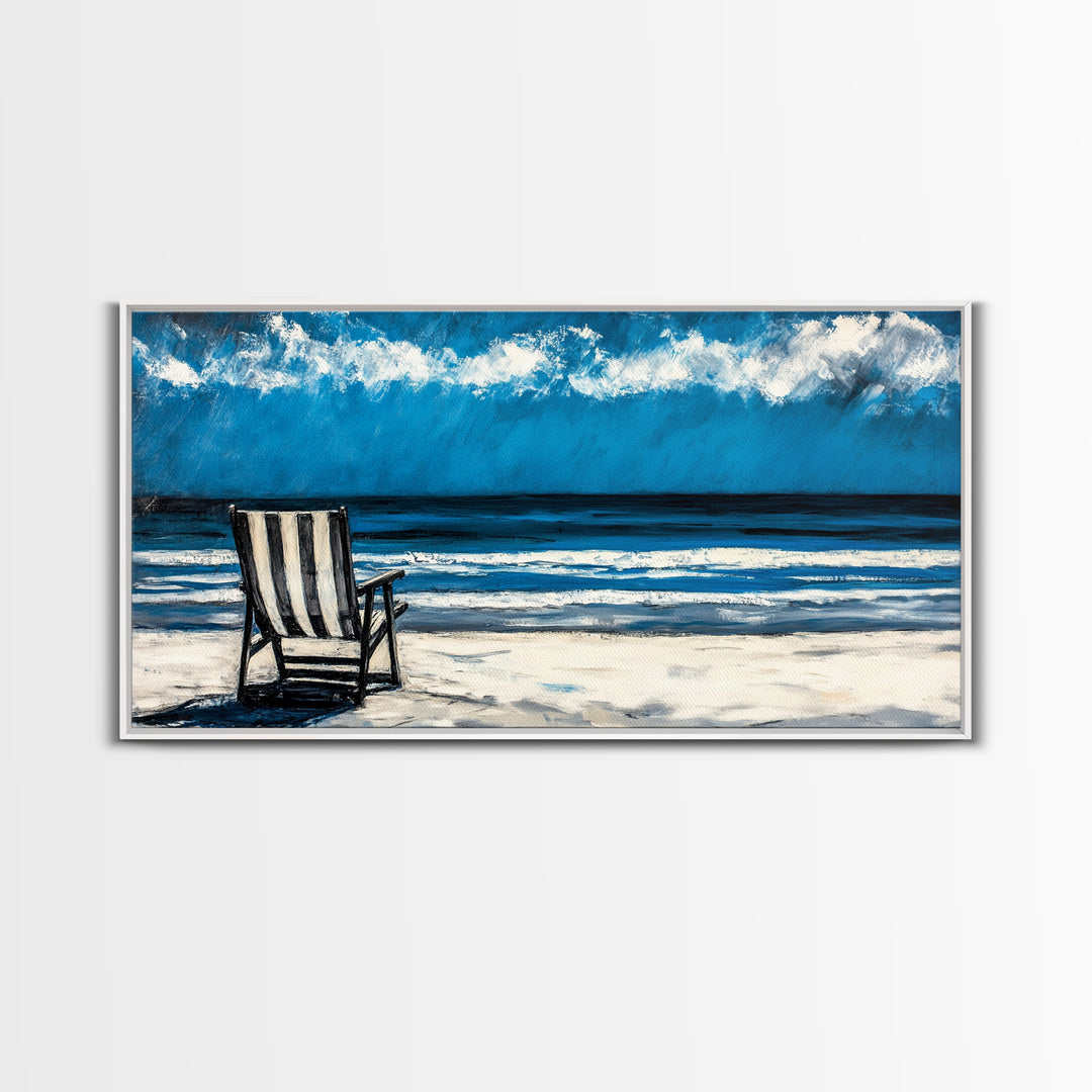 Beach Chair, coastal decor, nautical painting, seascape painting, ocean view, lake Tahoe art, blue and green wall art, Framed Canvas Print, surf