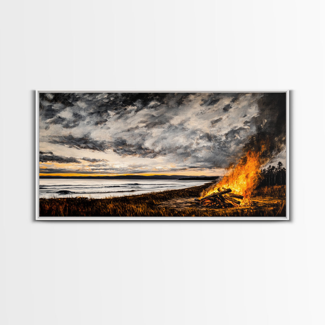 Campfire, forest at dusk painting, smoky mountain art, extra wide art, autumn decor, wabi sabi art, Framed Canvas Print, above couch art