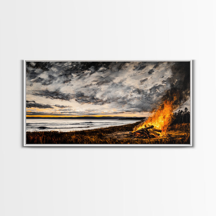 Campfire, forest at dusk painting, smoky mountain art, extra wide art, autumn decor, wabi sabi art, Framed Canvas Print, above couch art