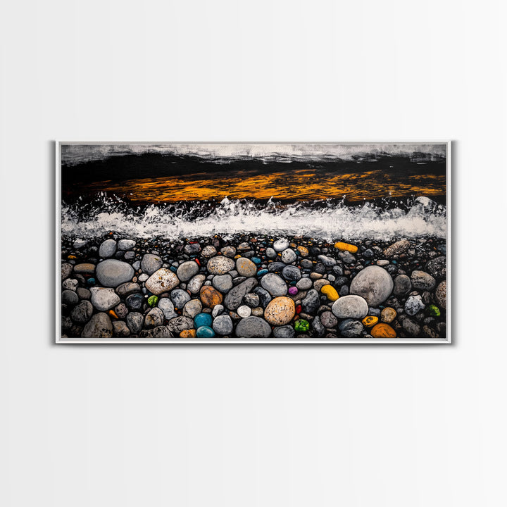 Pebble Beach, coastal landscape art, wabi sabi art, rustic decor, moody art, panoramic painting, seascape painting, Framed Canvas Print, zen art