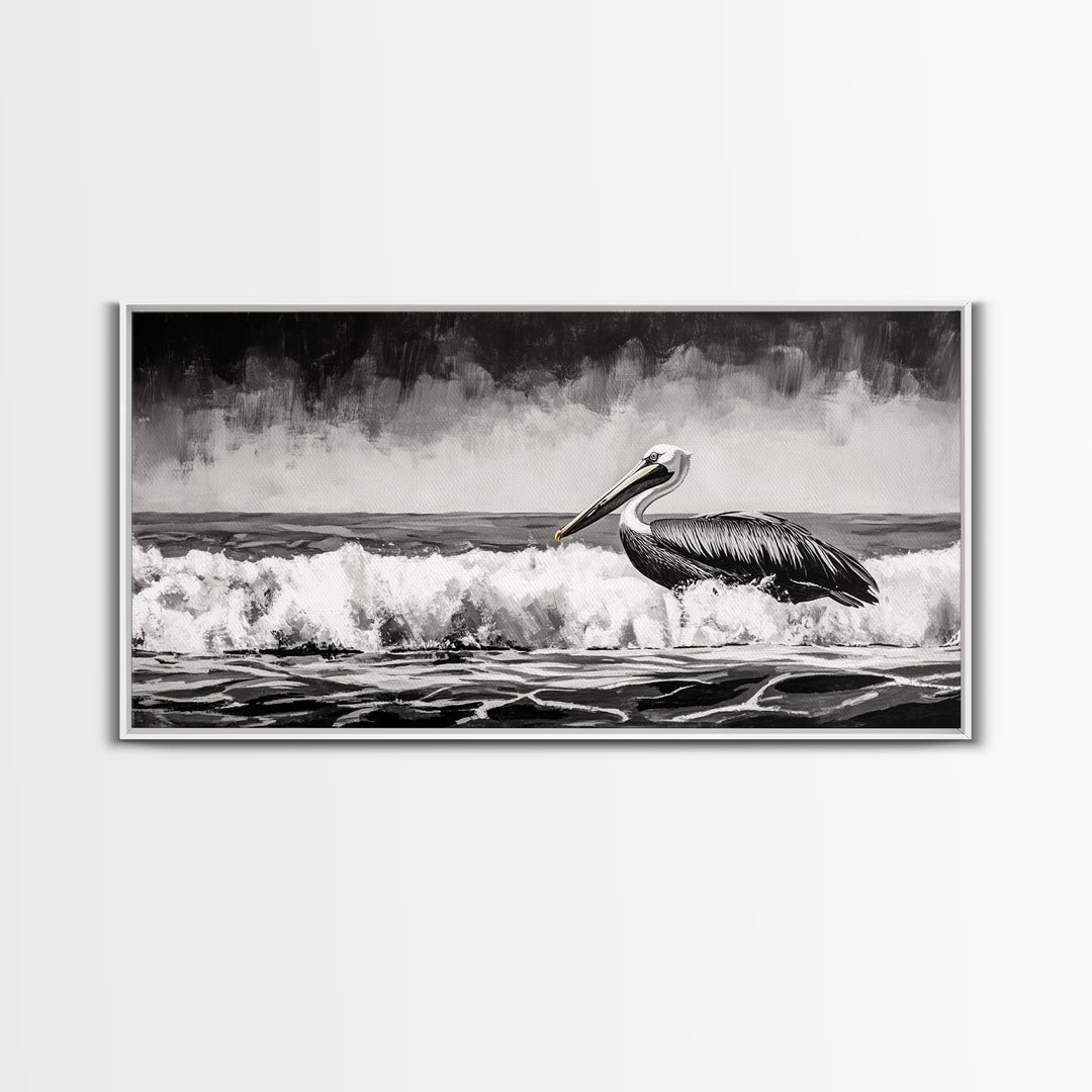 Pelican, coastal wall art, nautical painting, black and white art, seascape painting, ocean bird, Framed Canvas Print, beach decor