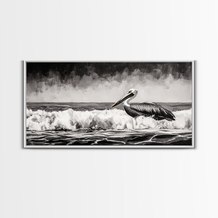Pelican, coastal wall art, nautical painting, black and white art, seascape painting, ocean bird, Framed Canvas Print, beach decor