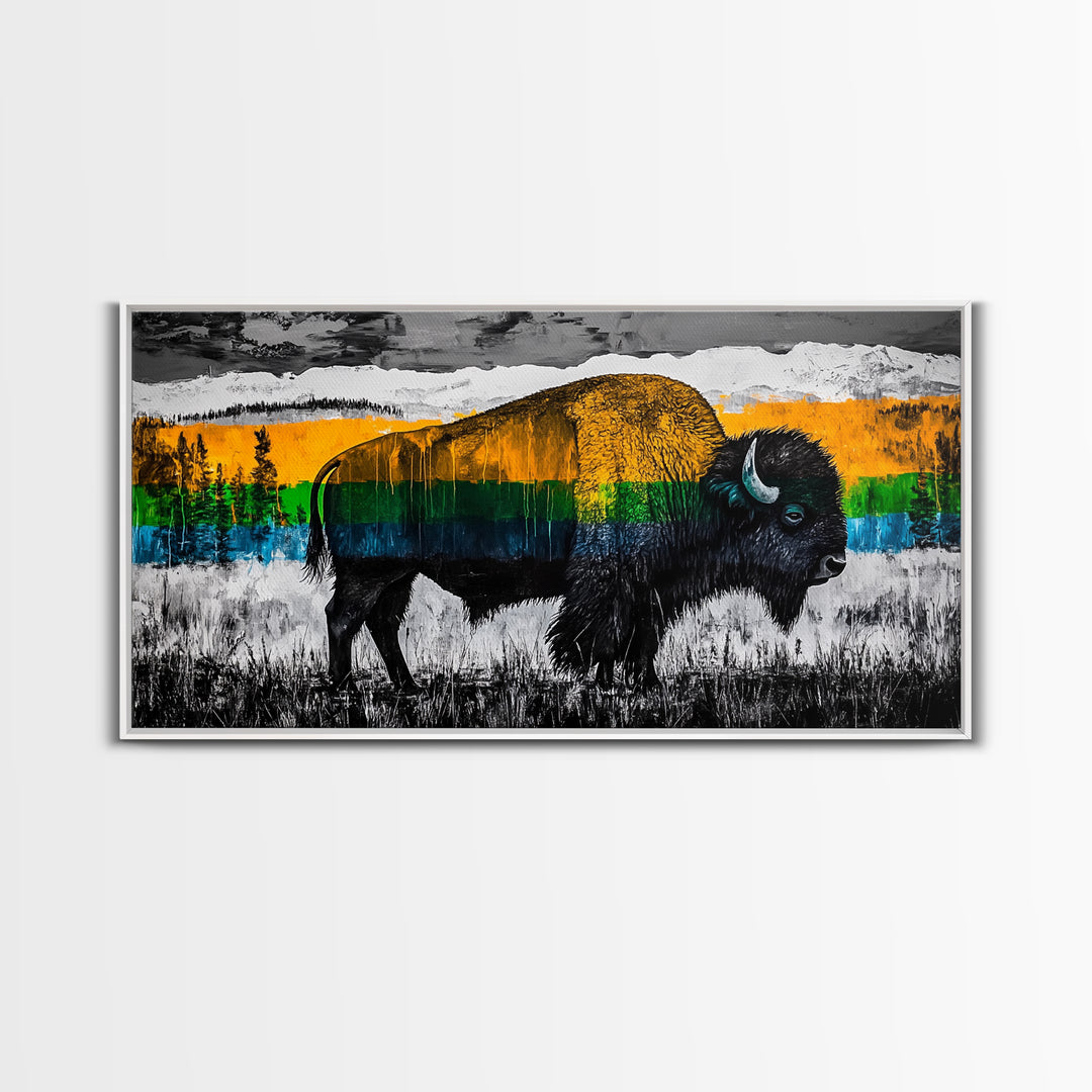 Bison, rustic wall art, mountain painting, western decor, wildlife art, Joshua tree art, extra wide art, Framed Canvas Print, moody art