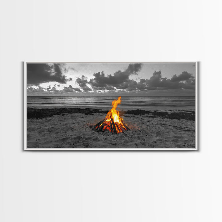Campfire on Beach Framed Canvas Print | Seascape Painting | Coastal Wall Art | Moody Art | Rustic Decor | Extra Wide Art | Nautical Painting