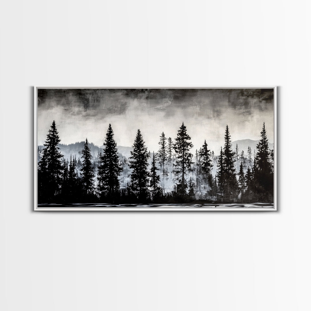 Pine Tree Forest, Moody Landscape Painting, Black and White Wall Art, Nature Wall Art, Extra Wide Art, Framed Canvas Print, Rustic Decor