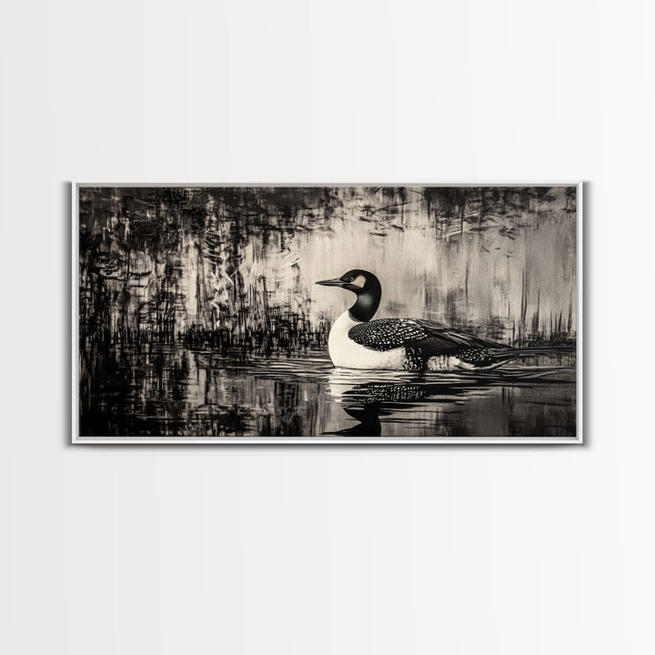 Loon Bird Art, Black and White Painting, Wildlife Wall Art, Rustic Decor, Framed Canvas Print, Lake House Art, Nature Lover Gift