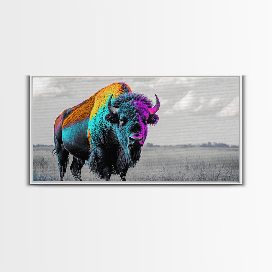 Neon Buffalo Portrait Canvas Print | Western Wall Art | Afrocentric Art | Moody Art | Rustic Decor | Southwest Art | Extra Wide Art.