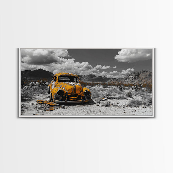 Abandoned Car in Desert Framed Canvas Print | Custom Car Painting | Moody Art | Southwest Wall Art | Wabi Sabi Art | Extra Wide Art