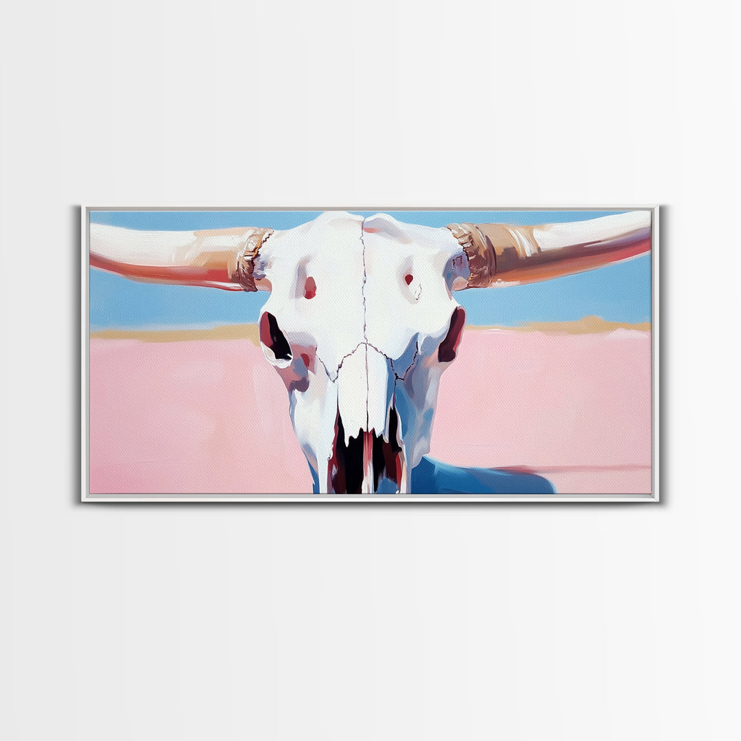 Bull Skull Painting, Southwest Wall Art, Pink and Blue Art, Rustic Western Decor, Framed Canvas Print, Extra Wide Art, Boho Art