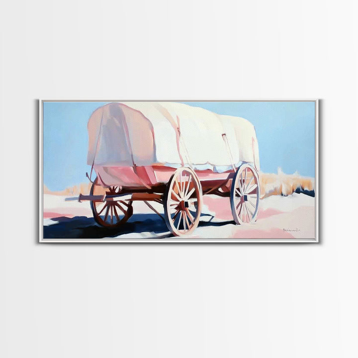 Covered Wagon, Vintage Western Art, Rustic Wall Art, Farmhouse Art, Coastal Cowgirl Wall Art, Light Pink Wall Art, Framed Canvas Print, Extra Wide Art