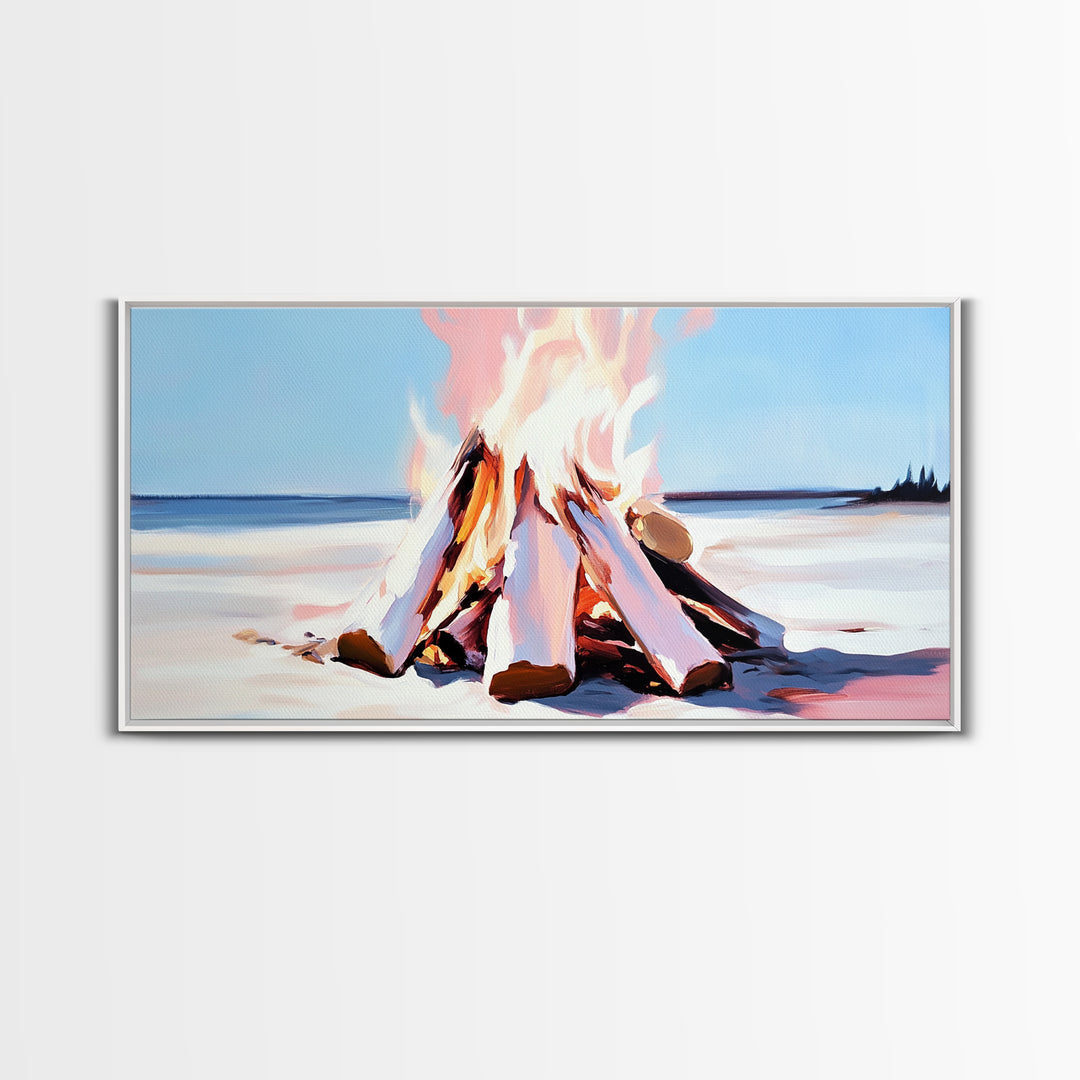 Campfire, moody art, coastal landscape art, framed canvas print, rustic decor, fire painting, extra wide art, landscape painting