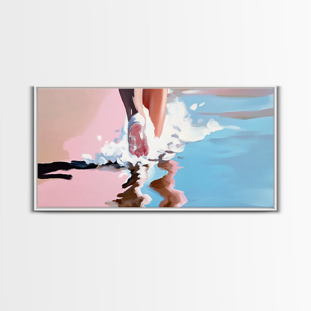 Barefoot Beach Walk, coastal decor, ocean painting, seascape painting, pink abstract art, light pink wall art, canvas print