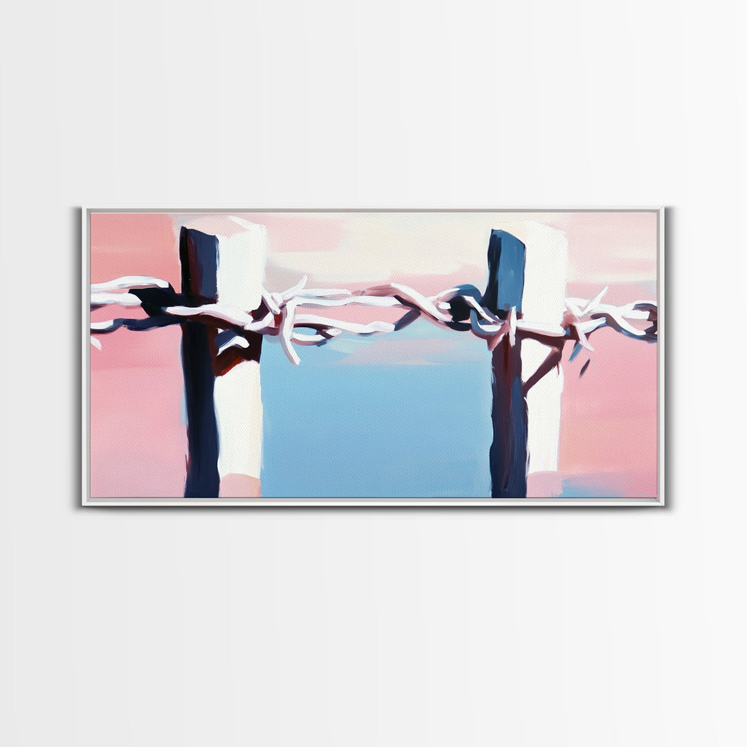 Barbed Wire Fence, rustic decor, pink abstract art, southwest wall art, minimalist art, boho art, framed canvas print