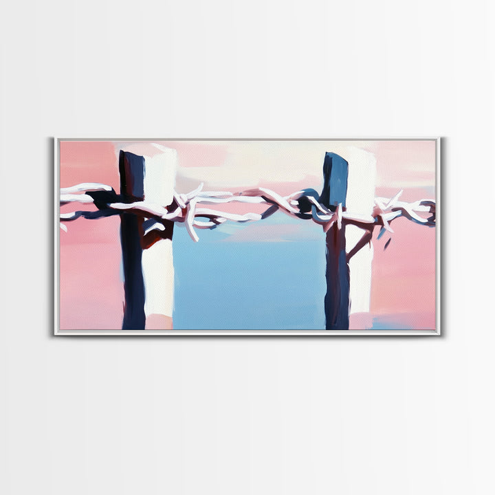 Barbed Wire Fence, rustic decor, pink abstract art, southwest wall art, minimalist art, boho art, framed canvas print
