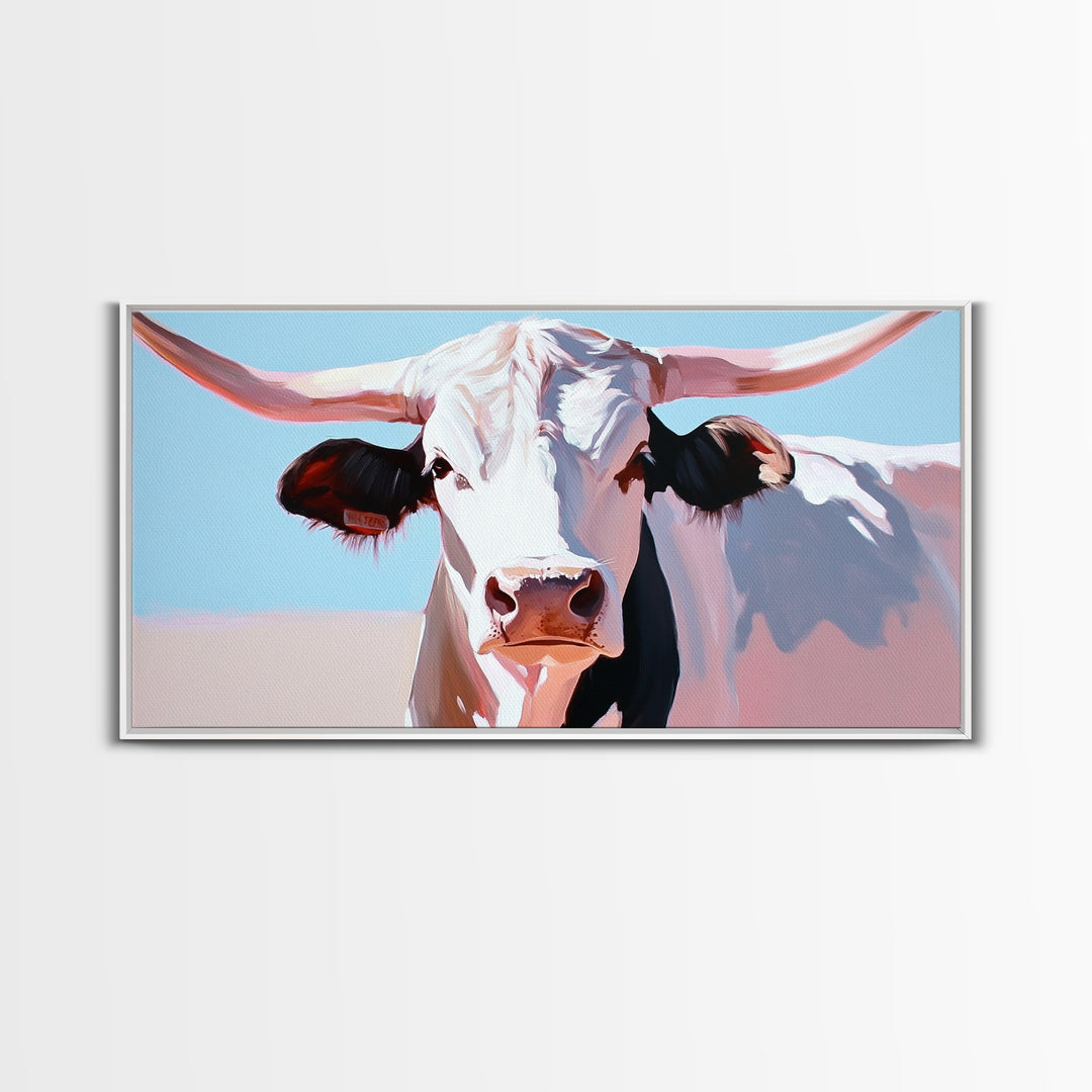 Bull And Bear Art, Rustic Wall Art, Farmhouse Art, Vintage Western Painting, Coastal Cowgirl Art, Framed Canvas Print, Above Couch Art