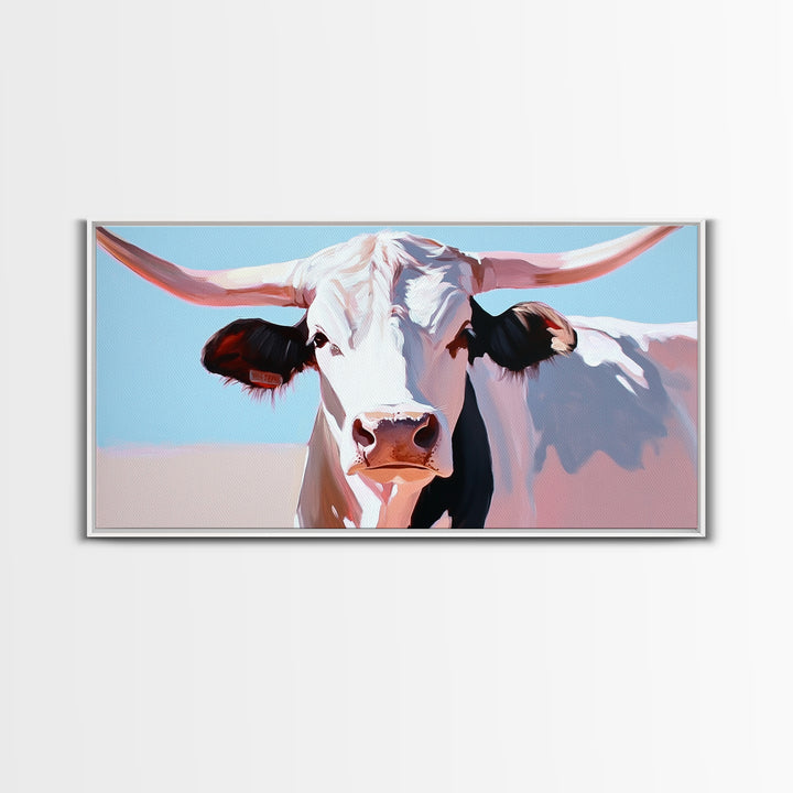 Bull And Bear Art, Rustic Wall Art, Farmhouse Art, Vintage Western Painting, Coastal Cowgirl Art, Framed Canvas Print, Above Couch Art