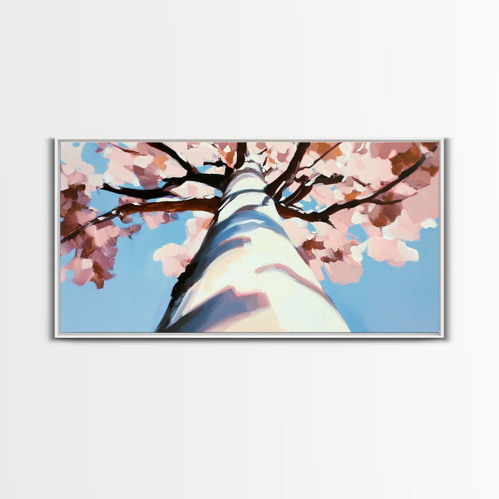 Cherry Blossom Painting, Birch Tree Art, Pink Wall Art, Botanical Prints, Extra Wide Art, Canvas Print, Above Sofa Art, Horizontal Wall Art