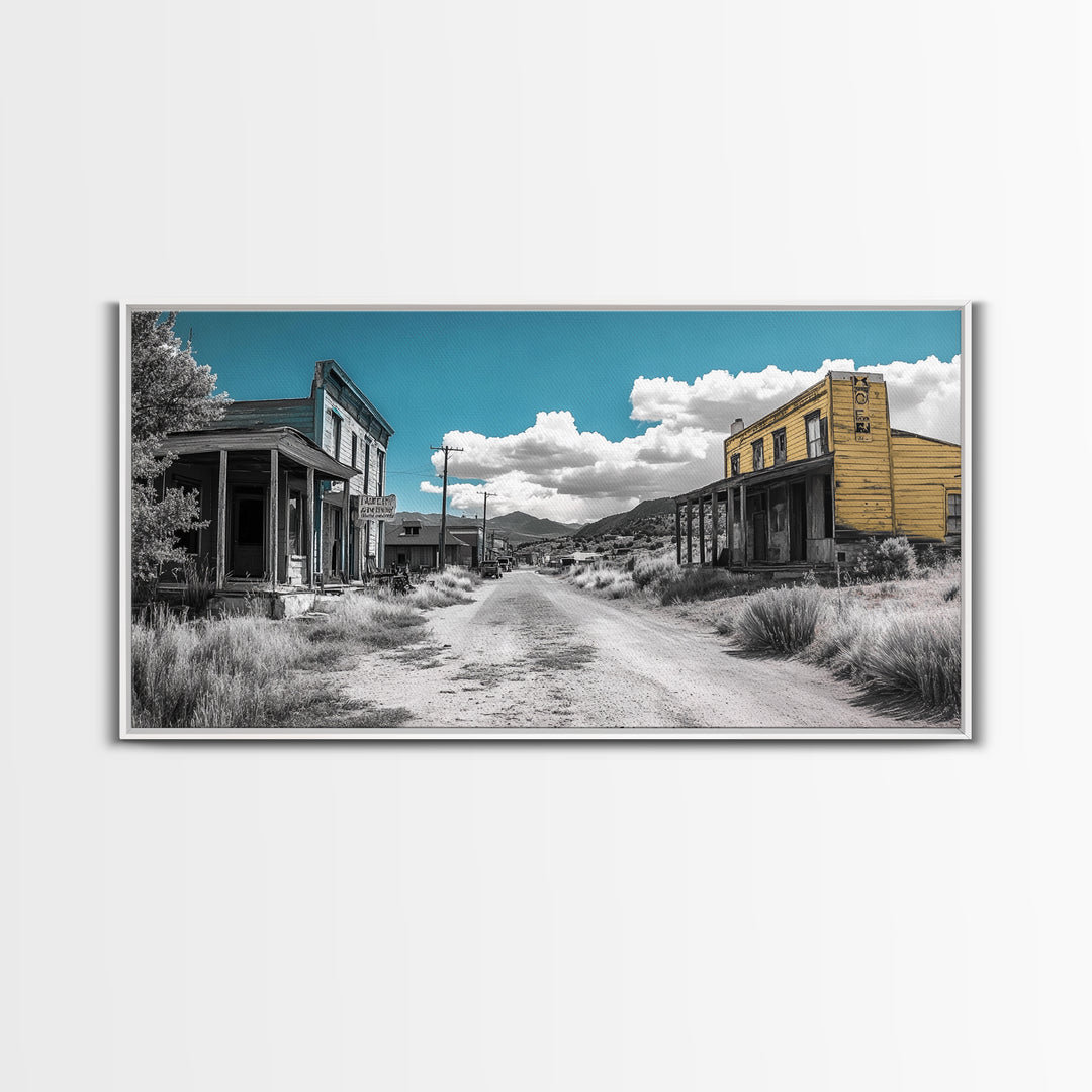 Abandoned Ghost Town Canvas Print Rustic Wall Art Western Landscape Painting Wabi Sabi Art Above Couch Art Extra Wide Horizontal Art