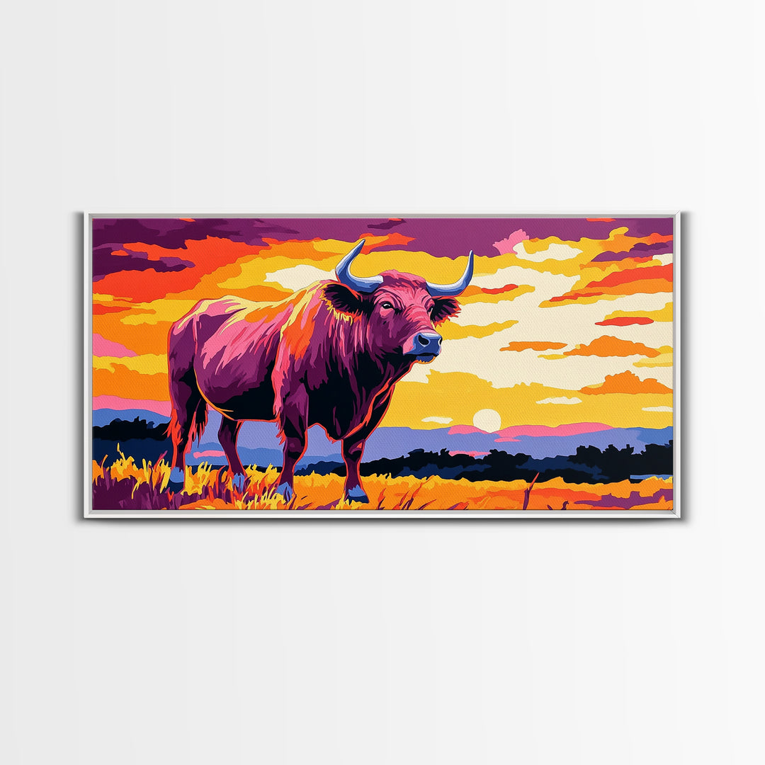 Bull Sunset, bull and bear art, rustic wall art, farmhouse decor, sunset painting, moody art, framed canvas print