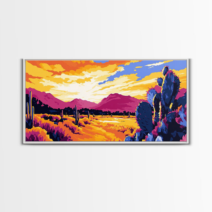 Desert Cactus, southwest wall art, mountain painting, rustic decor, landscape painting, panoramic art, Framed Canvas Print, extra wide art