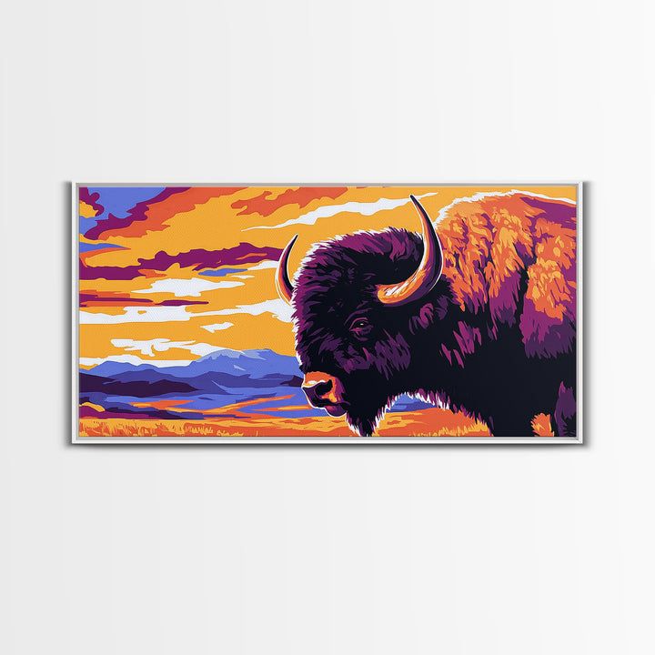 Bison Plains, rustic wall art, mountain painting, southwest wall art, landscape painting, extra wide art, Framed Canvas Print, farmhouse decor