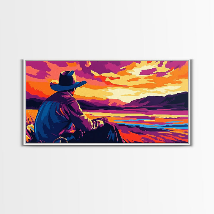 Cowboy Sunset, western art, landscape painting, rustic decor, panoramic art, farmhouse art, Framed Canvas Print, gift idea, extra wide art