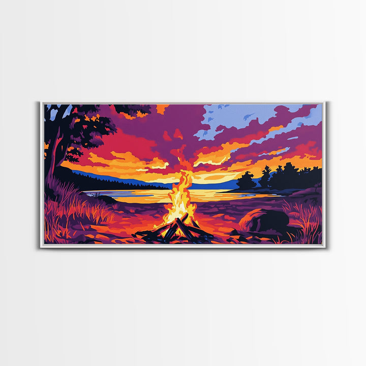Bonfire, lakeside evening, autumn wall art, warm sunset painting, outdoor adventure art, extra wide art, framed canvas print