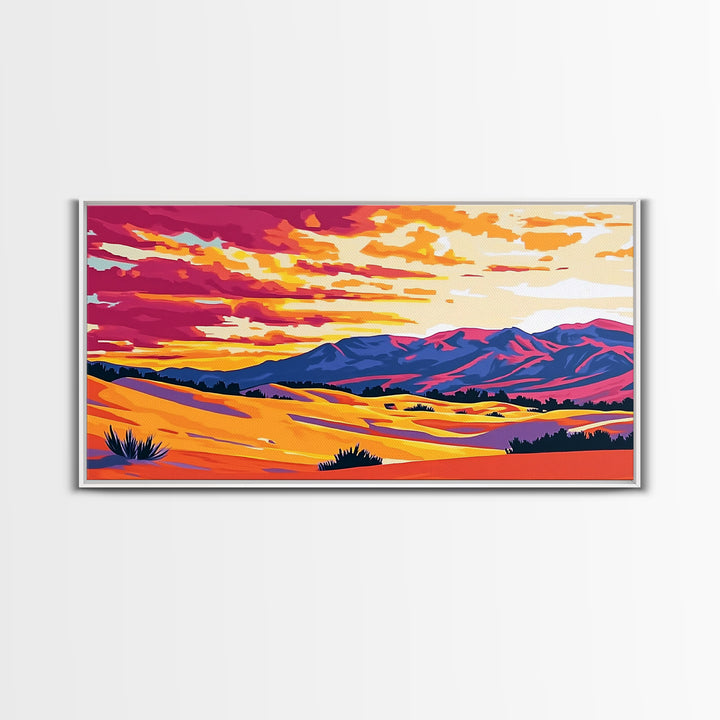 Desert dunes, mountain painting, western sunset, scenic landscape art, minimalist boho decor, panoramic art, framed canvas print