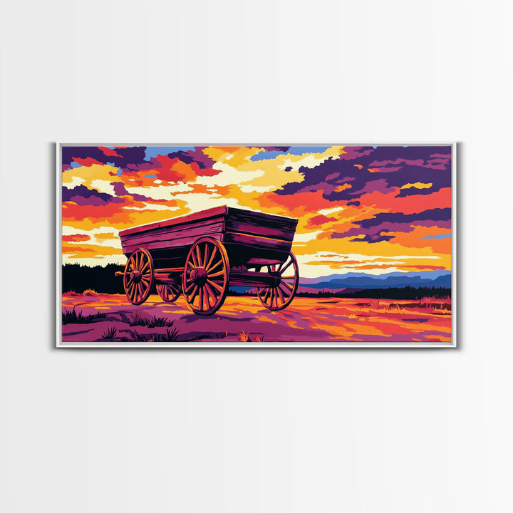 Covered wagon, prairie landscape, rustic western art, historical painting, farmhouse decor, extra wide art, framed canvas print